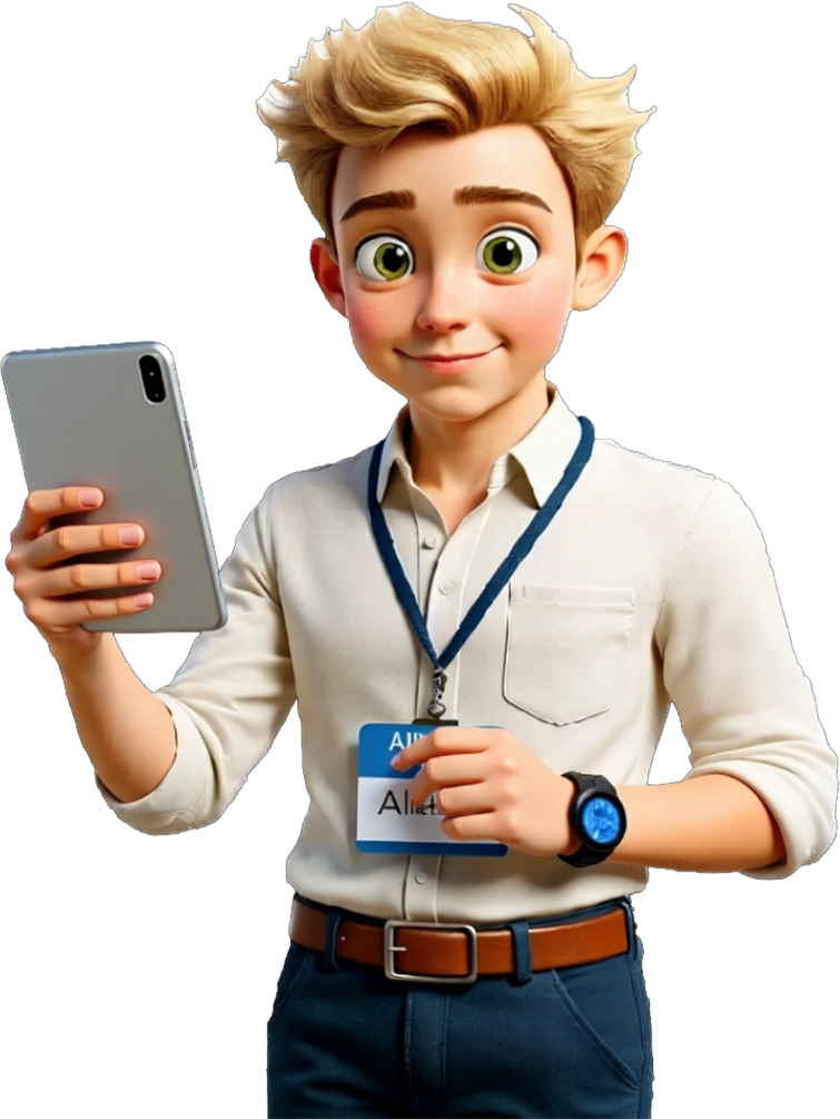 Alistair the Intern with iPad — Admin AI Insights course guide