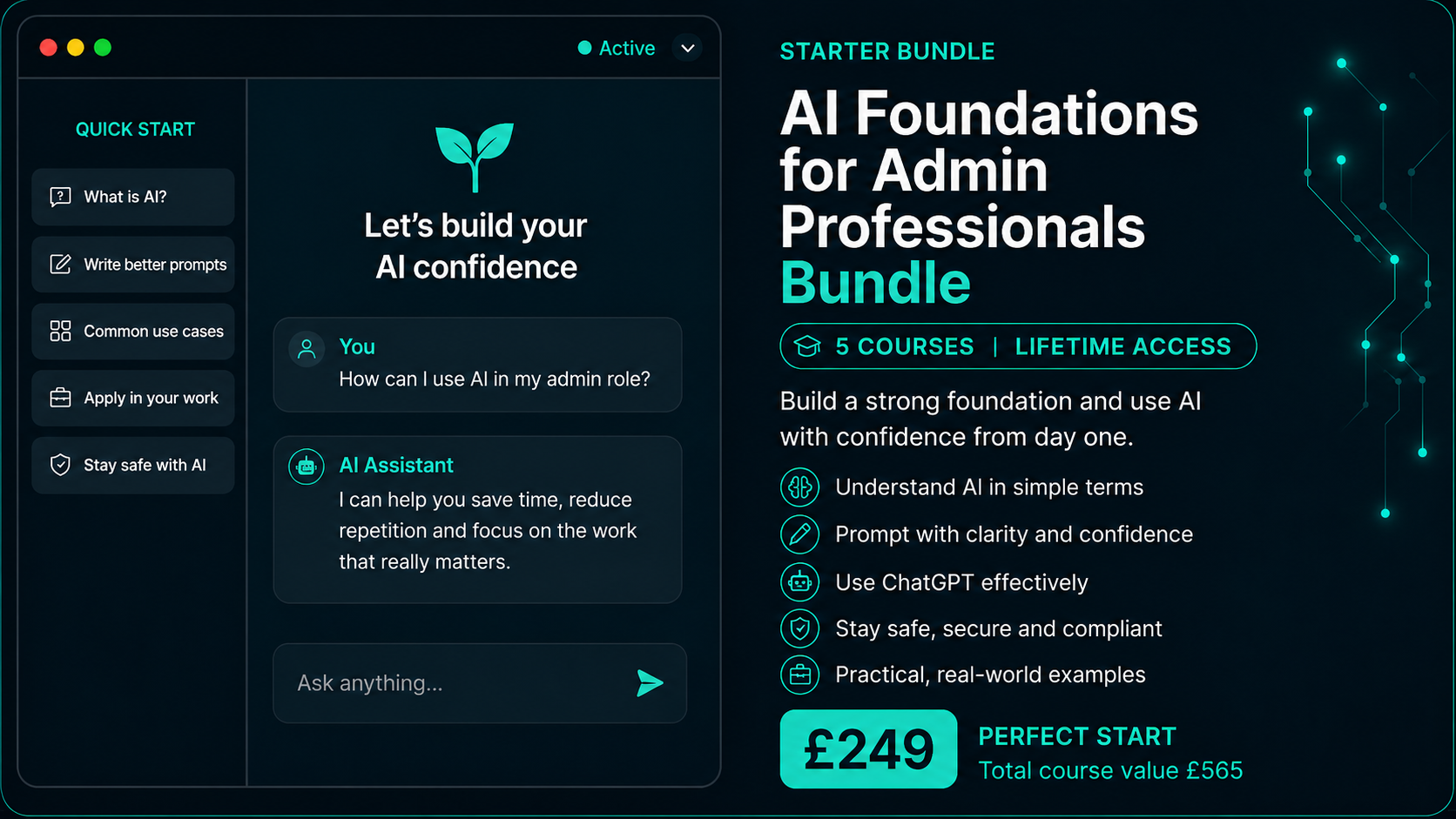 AI Foundations for Admin Professionals Bundle, Starter Bundle. 5 courses, lifetime access. £249, total course value £565.