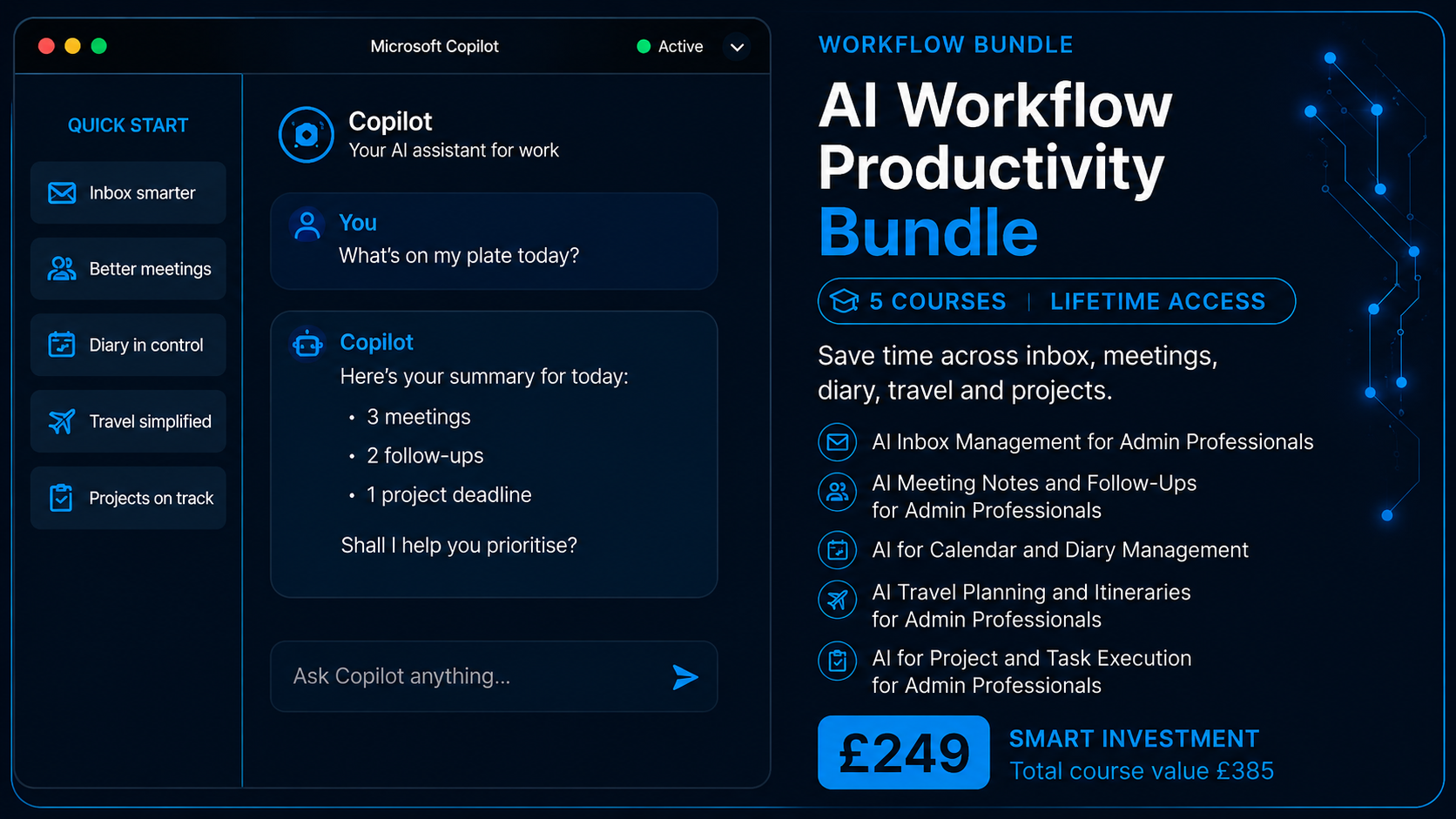 AI Workflow Productivity Bundle, Workflow Bundle. 5 courses, lifetime access. £249, total course value £385.