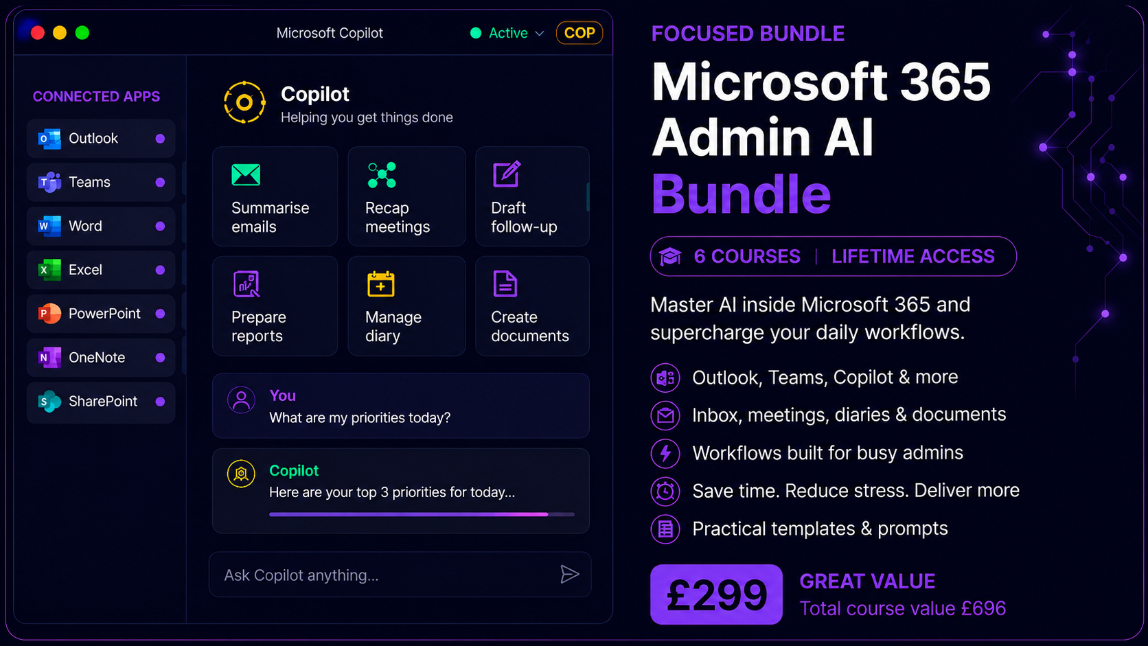 Microsoft 365 Admin AI Bundle, Focused Bundle. Lifetime access. £299, total course value £696.